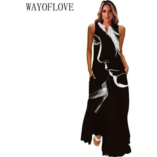 WAYOFLOVE 3D Face Print Black Dress Summer Holiday Beach Casual Elegant Vintage Dresses Woman Party Sleeveless Long Dress Women