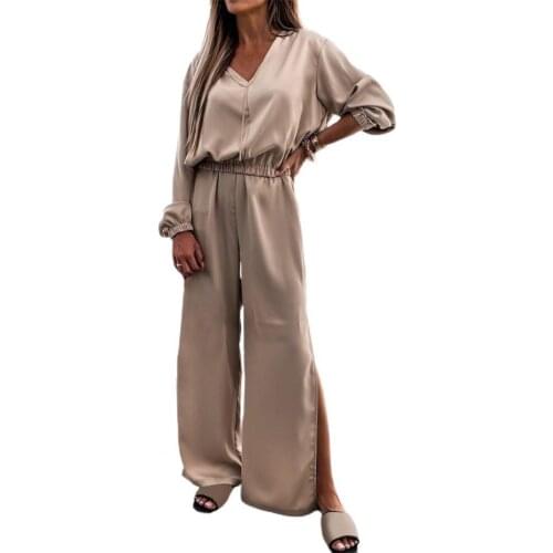 Women Solid Color Long Sleeve Shirt High Waist Wide Leg Pants Outfit Sportswear Two Pieces Sets conjuntos de mujer платье летнее