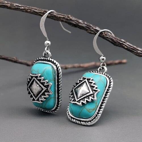 Bohemian Shield Design Geometric Turquoises Earrings for Women Tribal Jewelry Antique Silver Color Blue Stone Earring