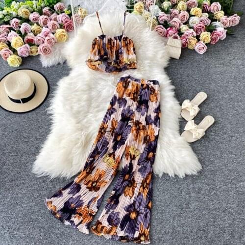 Women Summer Clothing Suit New 2021 Fashion Floral Print Casual Short Camisole Crop Top High Waist Wide Leg Pants 2 Pece Set