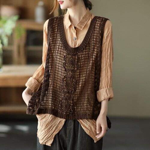QPFJQD Ladies Knitted Vests V-Neck Sleeveless Solid Color Spring Autumn Women Retro Loose Hollowed Out Casual Vest Clothes