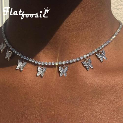 Flatfoosie Bling Crystal Tennis Chain Choker Necklace Gold Silver Color Butterfly Pendant Necklaces Charming Statement Jewelry