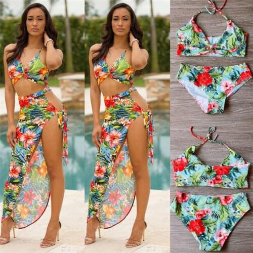 2019 Sexy Women Floral Bikini Push Up Halter Swimsuit Leaves Padded Swimwear Bathing Suit Beachwear Summer Swimming Costume 2pcs
