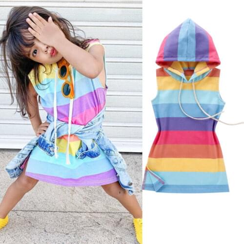 2020 Summer Kids Baby Girls Dress Sleeveless Rainbow Stripe Outfit Hooded Dress Girl Cotton Clothes Sunsuit Casual Sundress 1-7Y