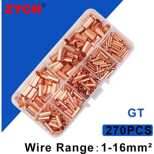 270PCS GT Copper Connecting Pipe Wire Joint Small Terminal Cable Lug Bootlace Ferrule Kit Heat Shrink Tube Pliers