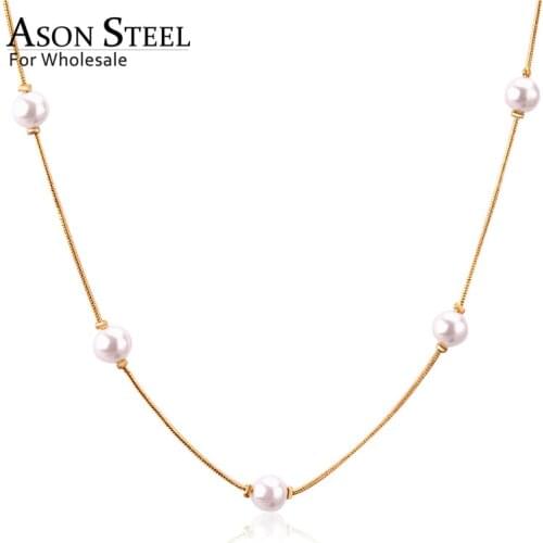 ASONSTEEL Gold/Silver Color White Black Round Imitation Pearl Pendant Necklace Stainless Steel Snake Chain Jewelry Gift Party