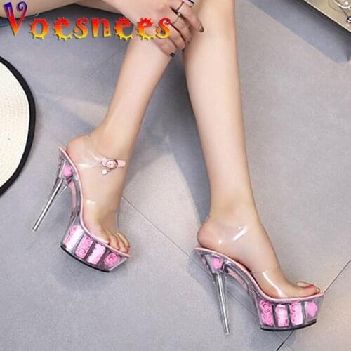 Voesnees Sexy Women Shoes Summer Sandals Platforms High Heels 15 CM Female Transparent Crystal Sandals Thin Heel Wedding Shoes