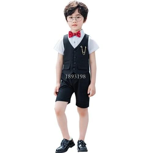 Childrens Summer Vest Suit Set Korean Boys Solid Color Piano Chorus Performance Dress Cosume Kids Short-sleeved Vest Shorts