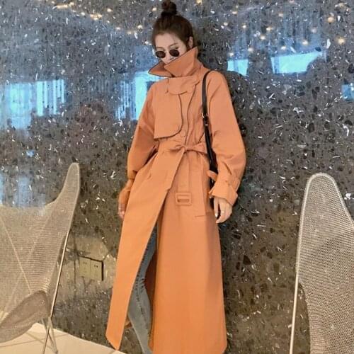 Long Orange Womens Windbreaker With Belt 2021 Autumn New Fashion Loose Double Breasted Trench Coat Femme Outerwear Abrigo Mujer