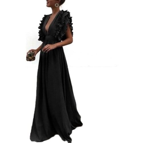 Elegant Deep V Neck Long Dress Women Ruffles High Waist Evening Party Maxi Dress