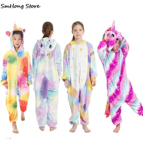 Flannel Kigurumi Unicorn Rainbow Pajamas Childrens Sleepwear One Piece Hooded Jumpsuits Onesie for Kids Unicornio Pijamas Girls