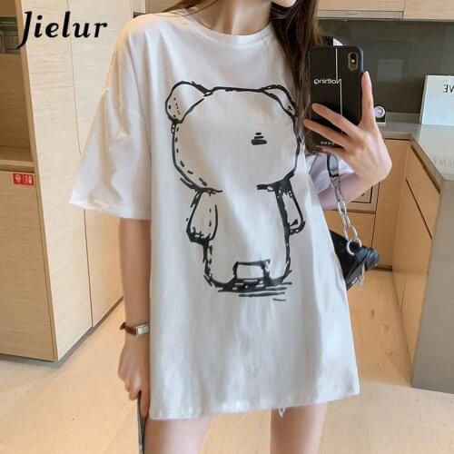 Jielur New Cute Cartoon Print T-shirts Women Summer Short Sleeve Tee Shirts Casual White Blue Pink M-XXL T-shirts Tops Hipster