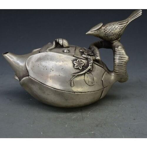 China Tibet Old Vintage decoration Silver Copper fengshui magpies, bird statue Teapot wine pot metal handicraft pot