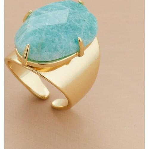 Big Stone Rings High Quality Jewelry New Fashion Gold Color Amazonite Luxury Party Ring Size 7