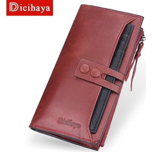 DICIHAYA Genuinn Leather Women Wallet Hasp Red Wallets Coin Pocket Cards Holders Brand Designer Purse Multifunction Phone Bag