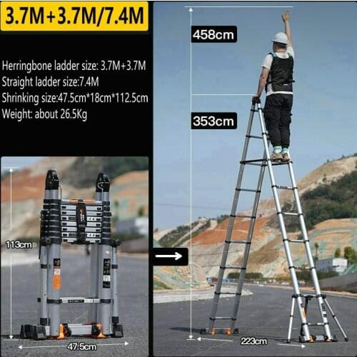 3.7M+3.7M Herringbone Ladder/7.4M Straight Ladder Aluminum Multifunctional Foldable Telescopic Anti-tilt Engineering Ladder
