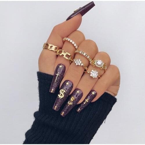 Meetvii 7 Pcs/Set Punk Simple Design Gold CZ Hollow Geometric Finger Set Multi Layer Knuckle Rings for Women Ladies Jewelry