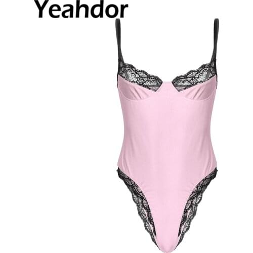 Men Lace Trimming Bodysuit Sleepwear Sissy Adjustable Spaghetti Strap Sleeveless Unlined Wireless Bra Leotard Lingerie Underwear