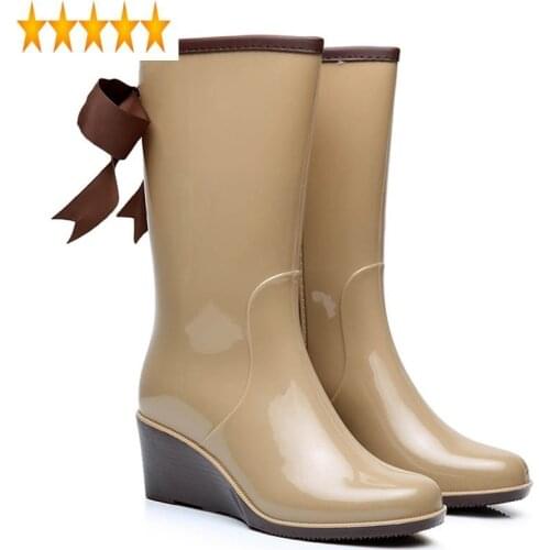 Rain New Arrival Fashion Womens Boots For Woman Rubber 4 Style Ladies Wellies Mid-Calf Boot High Wedge Heels Shoes