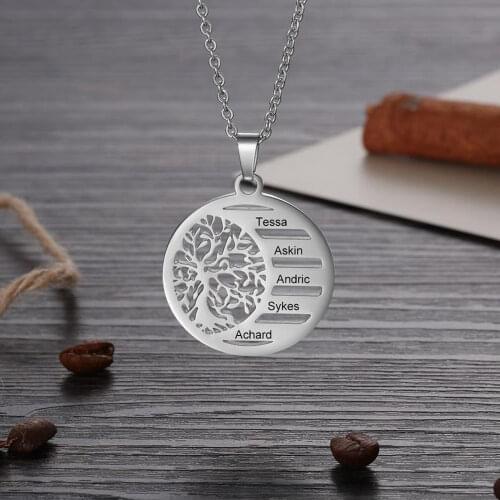 MumuXing 2021 New Tree Of Life Pendant Necklace Custom Name Carving Family Tree Necklace Stainless Steel Jewelry Christmas Gift