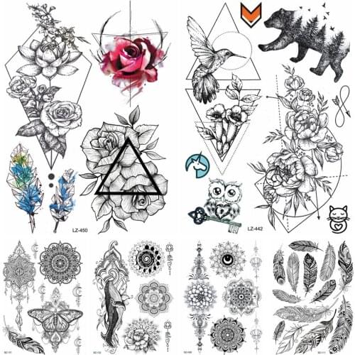 Women Black Diamond Lotus Humminbirds Tattoos Stickers Men Bear Flower Water Transfer Tattoo Temporary Body Arm Neck Ankle Tatoo