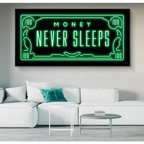 Money Never Sleeps Posters and Prints Inspirational Quotes Canvas Painting Modern Wall Art for Living Room Home Decor