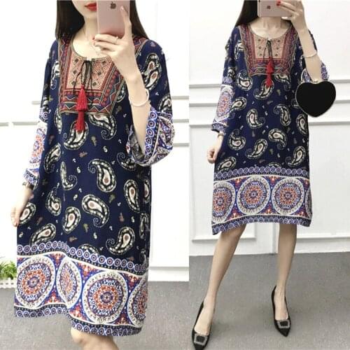 Women Dress One Size Cotton and Linen Soft Long Dress Classic National Style Dress Casual Fashion Printed Clothes Costume