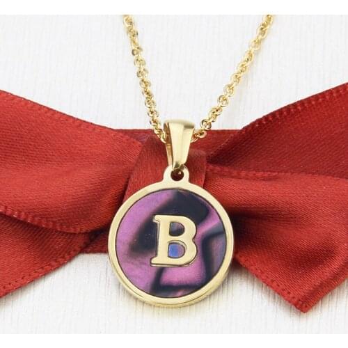 SA SILVERAGE Abalone Shell Gold Color English Titanium Steel Pendant A-Z Stainless Steel Round Shell 26 Letter Necklace