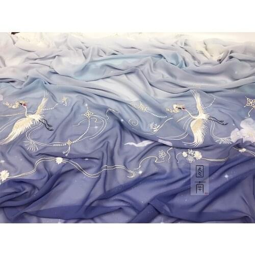 Chinese classical style Red-crowned crane landscape Printed chiffon embroidery fabric hanfu skirt cloth 1meter