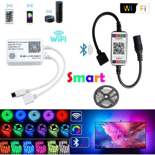 Wifi Bluetooth Smart RGB LED Strip Light Controller Dimmer APP Speaker Sound Timer Music Sync 24Keys Remote Control DC 12-24V