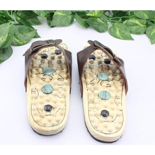Health Care Wooden Base Acupunture Nail Health Shoes Massage Shoe Natural Stone Acupoint Fitness Slippers for men / women free