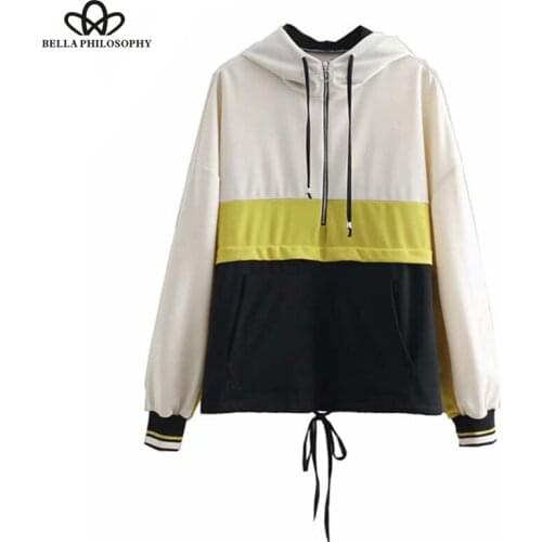 Bella Philosophy women loose patchwork hooded sweatshirts long sleeve zipper drawstring tie pockets pullovers female chic tops