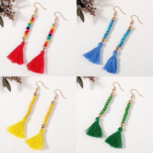 Colorful Wood Beaded Line Mini Tassel Dangle Earrings for Women 2021 New Trendy Summer Bohemian Style Colored Wood Beads Jewelry