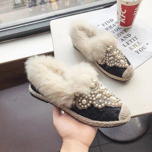 OLOMLB Womens Round Toe Pearls Beads Flats Fur Warm Winter Loafers Espadrille Slip On Hemp Soles Casual Girl Shoes Ladies 2020