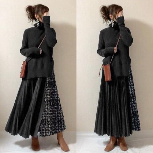 One Piece Long Dress Color Block Korean Winter Turtleneck Patchwork Vestidos Streetwear Women Fashion Fall Maxi Pleated Dresses