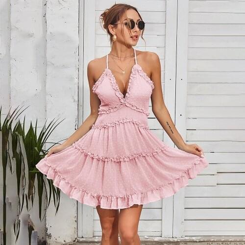 Fashion Sleeveless Women Mini Dress Summer New V-neck Cross-back High-waist Suspender Frill Solid Color Dress With Wooden Ears