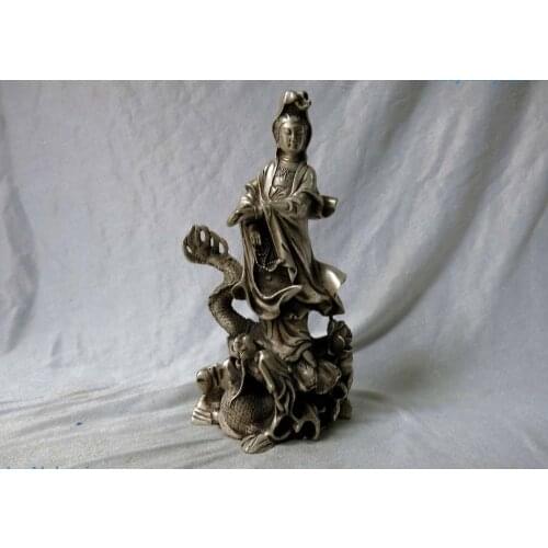 Free shipping 23cm 9" China silver Buddhism Subdue Dragon Kwan-yin Guanyin buddha Sculpture Statue off 50