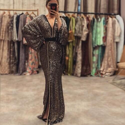 Black Floor Length Moroccan Caftan Evening Dress V-Neck Sequins Saudi Arabia Party Dress Vestidos De Gala Celebrity Dresses