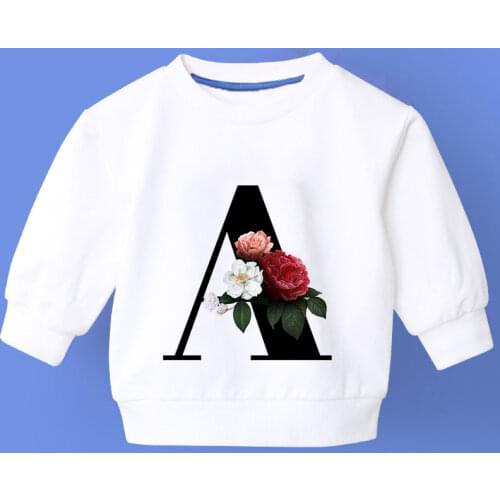 New Cute 26 Flowers Letters Alphabet Print White O-neck Hoodies For Children Autumn Spring Clothes Tops Sweatshirt Girls Jumper