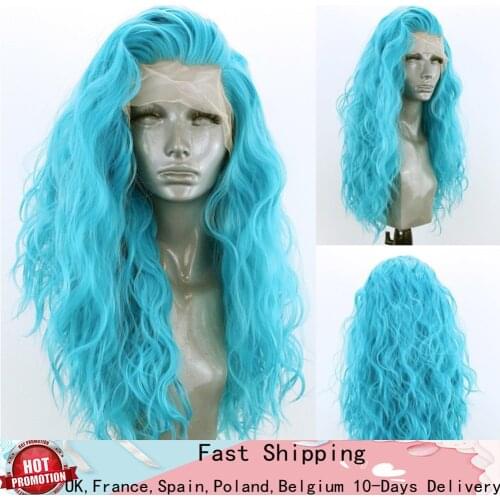 RONGDUOYI Long Wavy Hair Wigs for Women Blue High Temperature Fiber Synthetic Lace Front Wig Side Part Lace Wigs Cosplay Wig