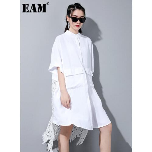 [EAM] Women White Back Lace Hollow Out Big Size Dress New Stand Collar Half Sleeve Loose Fashion Spring Summer 2021 1W658
