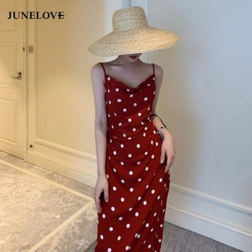 JuneLove 2020 Vintage women Dot Print Sleeveless Beach Dress lady Spaghetti Strap V-neck Sexy Boho Dress female Holiday Vestidos