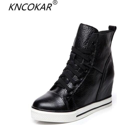 KNCOKAR 2018 New style four seasons fashionable small white shoe genuine leather inside heighten a round head fastens to take