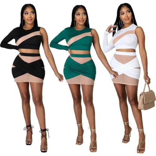 Sexy Sheer Mesh Patchwork Two Piece Set Women One Shoulder Long Sleeve Crop Top + Cross Skirts Bandage Matching Set Club Outfit