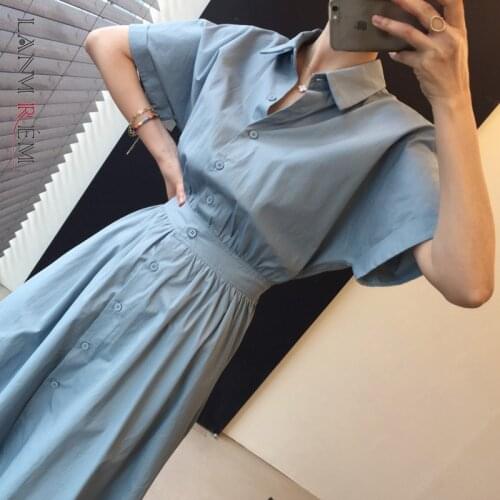 LANMREM Korean Chic Single Breasted Womens Shirt Dress 2021 Summer Long Lapel Khaki Dresses Ladies Fashion Clothing 2D6115
