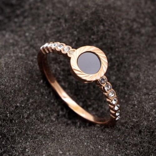 Fashion Stainless Steel Love Crystal Black Shell Sculpture Flower Rings Rose Gold Color Women Female Party Wedding Gift