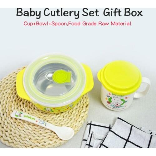 PINKAH Tableware 3 Pcs Set Suit 304 Stainless Steel Childrens Cup Bowl Spoon Set Heat Preservation Bowl Feed Tableware