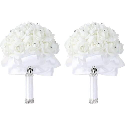 New Rose Bridesmaid Wedding Foam Flowers Rose Bridal Bouquet Ribbon Fake Wedding Bouquet