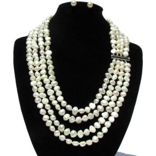 New Arrival Favorite Pearl Necklace Earrings Fine Jewelry Set 4 Strands White Baroque Genuine Freshwater Magnet Clasp Women Gift