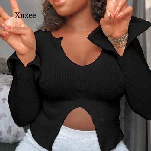 Solid Slim Chic Sexy Split Knit Tee Shirts Long Sleeve Crop Top Spring Casual Streetwear Fashion Female Temperament Clothes